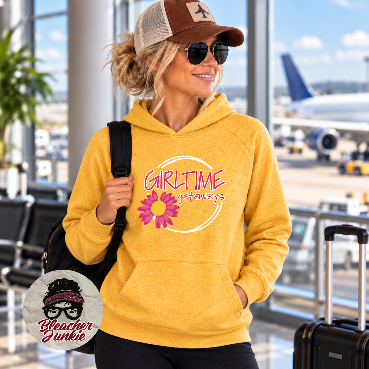 GirlTime Getaways Travel Apparel | T-Shirt, Crewneck & Hoodie | Ochre Yellow Heather