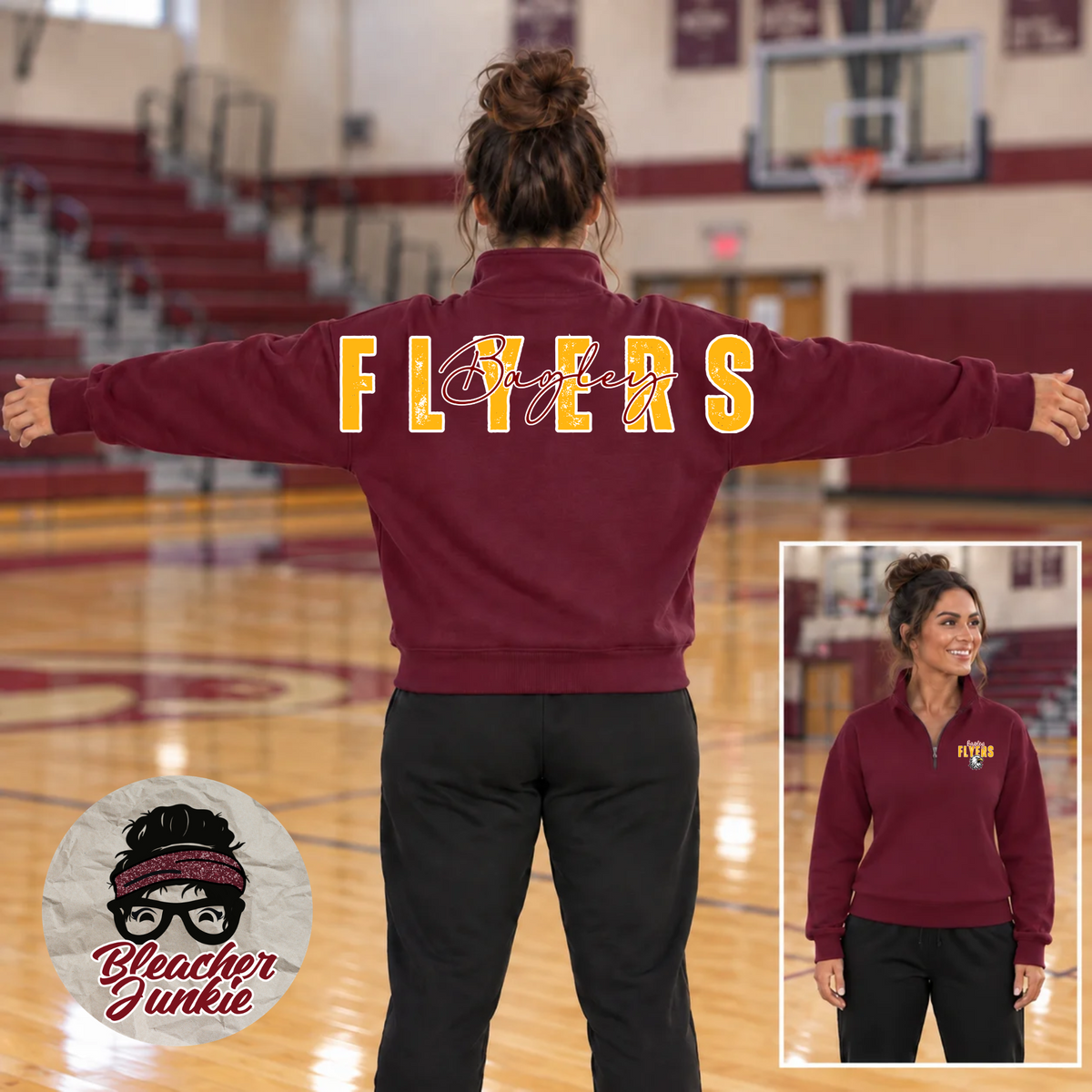 Maroon Bagley Flyers quarter-zip pullover with oversized gold and white back design and coordinating left-chest graphic.