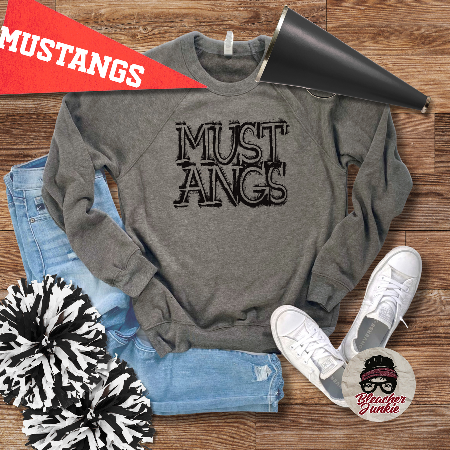 Scratched MUSTANGS Mascot Shirt, Crewneck, or Hoodie | Bella Canvas 3001CVC Tee, 3901 Sweatshirt, 3719 Hoodie | School Spirit Wear for Game Day