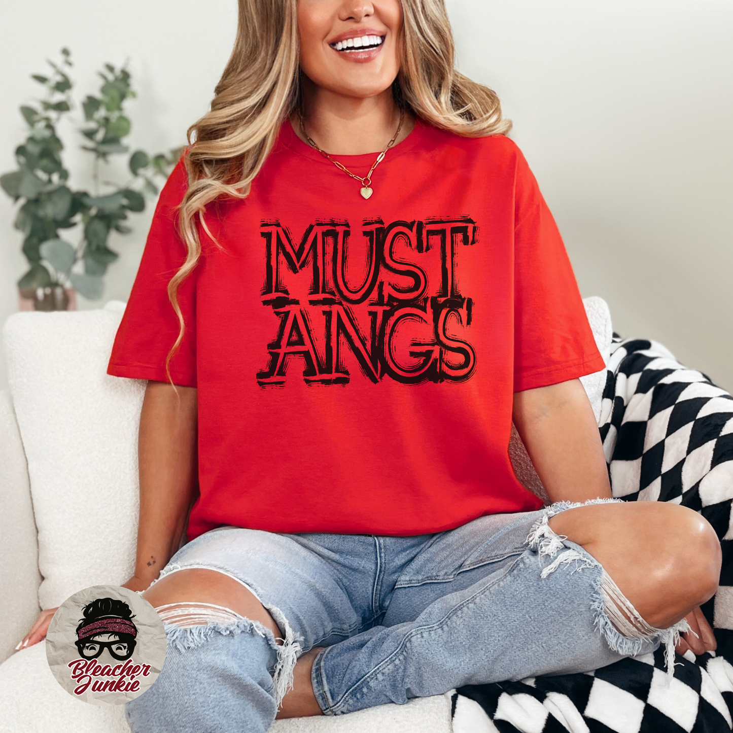 Scratched MUSTANGS Mascot Shirt, Crewneck, or Hoodie | Bella Canvas 3001CVC Tee, 3901 Sweatshirt, 3719 Hoodie | School Spirit Wear for Game Day