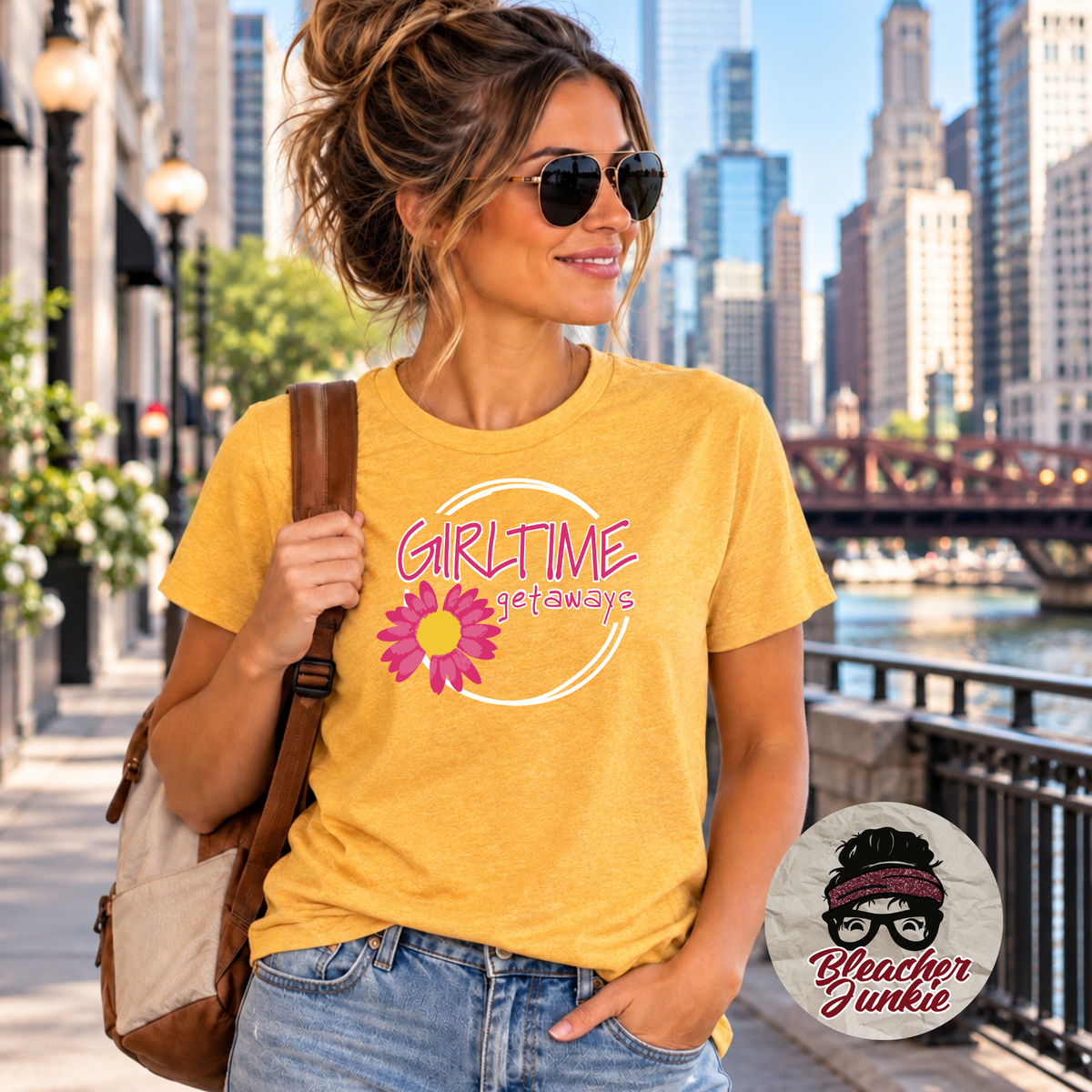 GirlTime Getaways Travel Apparel | T-Shirt, Crewneck & Hoodie | Ochre Yellow Heather