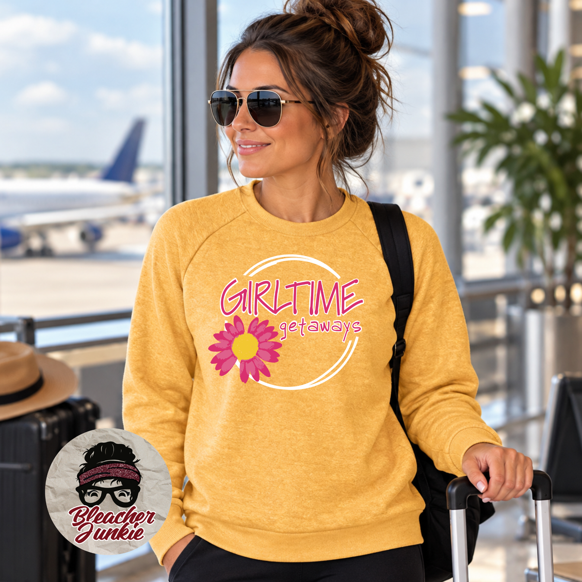 GirlTime Getaways Travel Apparel | T-Shirt, Crewneck & Hoodie | Ochre Yellow Heather