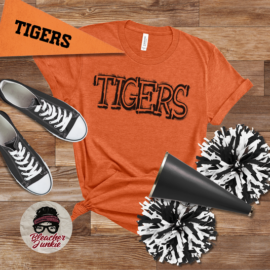 Scratched TIGERS Mascot Shirt, Crewneck, or Hoodie | Bella Canvas 3001CVC Tee, 3901 Sweatshirt, 3719 Hoodie | School Spirit Wear for Game Day