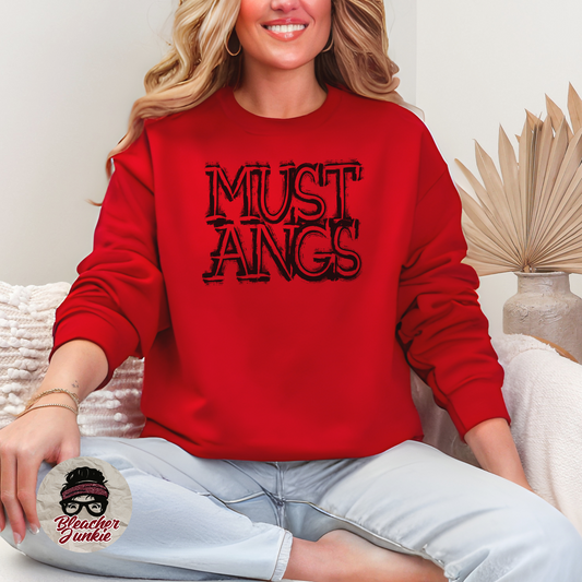 Scratched MUSTANGS Mascot Shirt, Crewneck, or Hoodie | Bella Canvas 3001CVC Tee, 3901 Sweatshirt, 3719 Hoodie | School Spirit Wear for Game Day