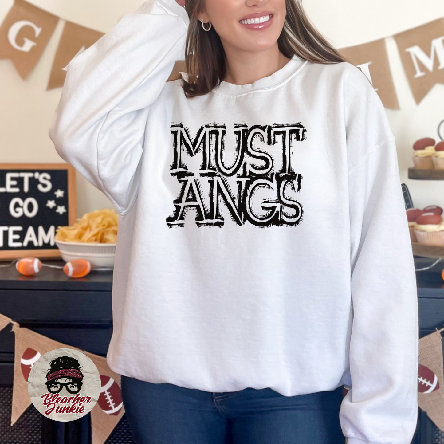Scratched MUSTANGS Mascot Shirt, Crewneck, or Hoodie | Bella Canvas 3001CVC Tee, 3901 Sweatshirt, 3719 Hoodie | School Spirit Wear for Game Day